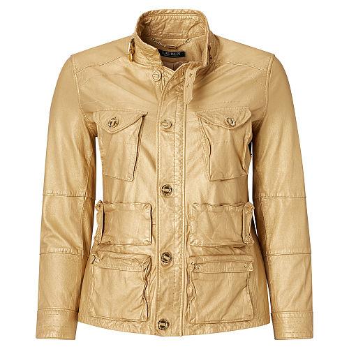 Ralph Lauren Lauren Woman Metallic Leather Cargo Jacket Gold