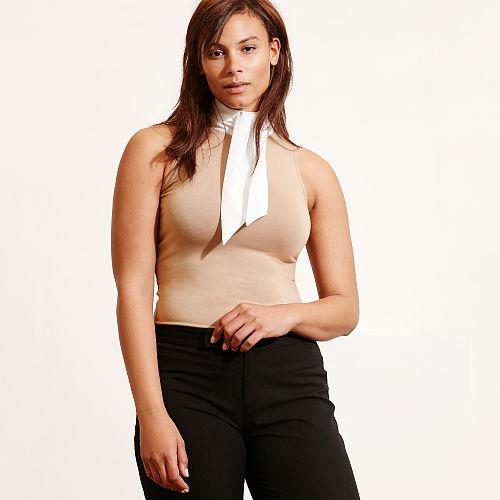 Ralph Lauren Lauren Woman Contrast-neckline Jersey Top Tan/pearl
