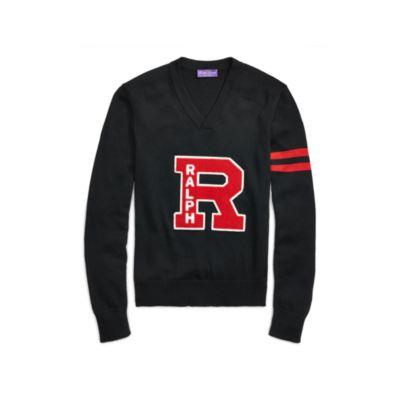Ralph Lauren Merino Wool V-neck Sweater Black W/ Salsa