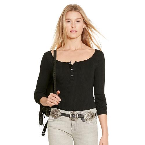 Polo Ralph Lauren Ribbed Scoopneck Henley Polo Black
