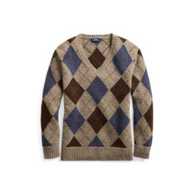Ralph Lauren Argyle Wool V-neck Sweater Grey Multi