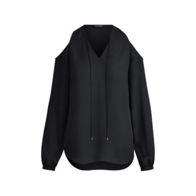 Ralph Lauren Georgette Cold-shoulder Top Polo Black Sp