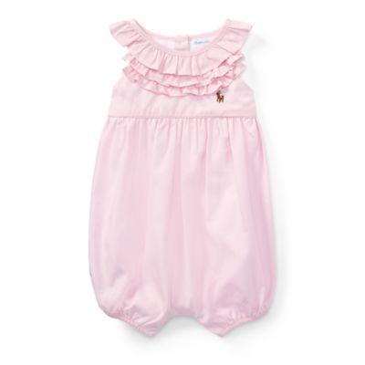 Ralph Lauren Ruffled Cotton Oxford Romper Deco Pink 6m