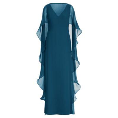Ralph Lauren Ruffled Georgette Cape Gown Iconic Teal