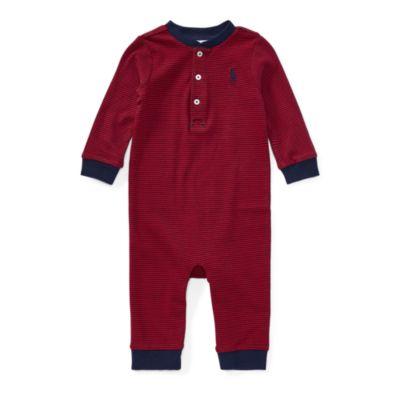 Ralph Lauren Striped Cotton Henley Coverall Rl Red Multi 6m