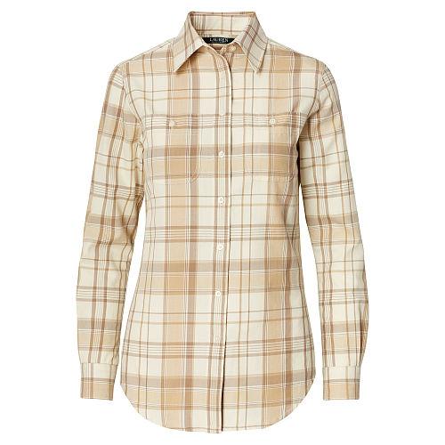 Ralph Lauren Lauren Petite Plaid Cotton Shirt Tan Multi