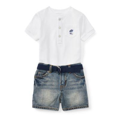Ralph Lauren Henley, Belt & Denim Short Set White 6m