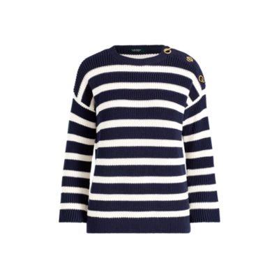 Ralph Lauren Striped Toggle Cotton Sweater Navy/mascarpone Cream