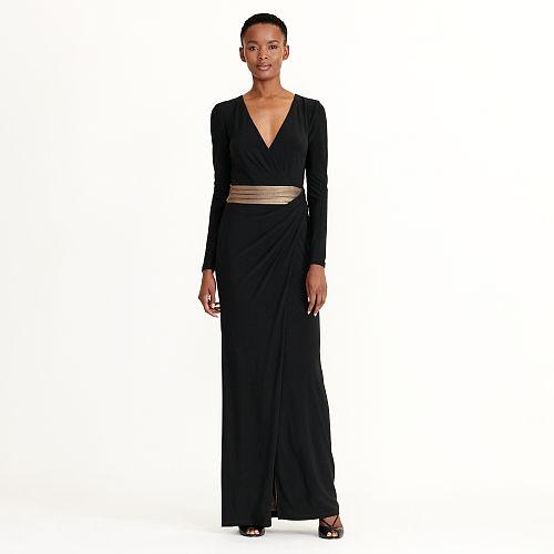 Ralph Lauren Lauren Metallic-trim Jersey Gown Black-gold