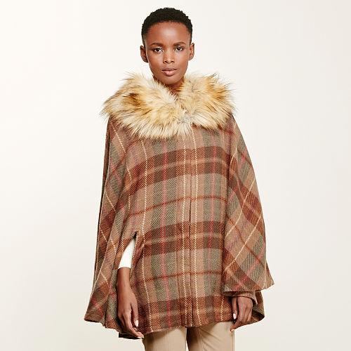 Ralph Lauren Lauren Faux-fur Collar Plaid Poncho Vicuna Multi Plaid
