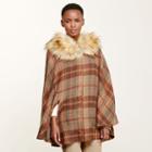 Ralph Lauren Lauren Faux-fur Collar Plaid Poncho Vicuna Multi Plaid