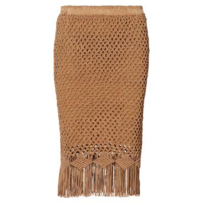 Ralph Lauren Fringe Crocheted Suede Skirt Cortina Tan