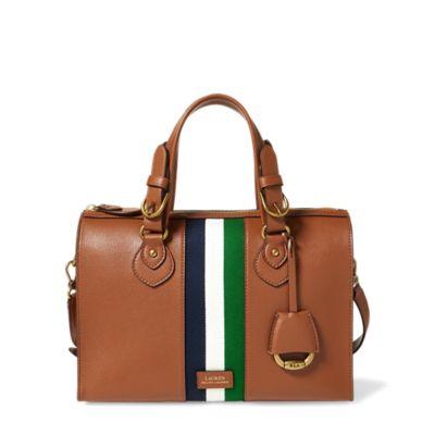 Ralph Lauren Stripe Pebbled Leather Satchel Lauren Tan W/navy/wht/grn