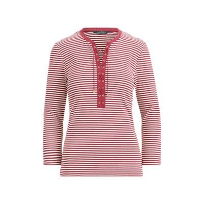 Ralph Lauren Lace-up Striped Cotton Top Rich Cranberry/cream