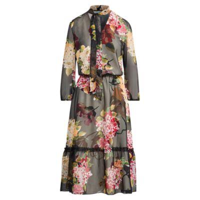 Ralph Lauren Floral Chiffon Tie-neck Dress Multi