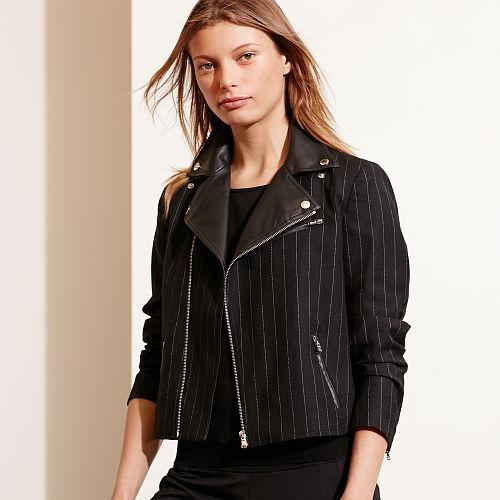Ralph Lauren Lauren Pinstriped Wool Moto Jacket Black/cream