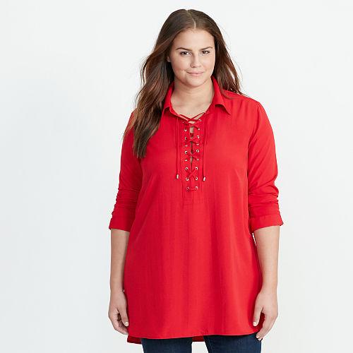 Ralph Lauren Lauren Woman Lace-up Crepe De Chine Tunic Brilliant Red