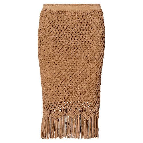 Polo Ralph Lauren Fringe Crocheted Suede Skirt Cortina Tan