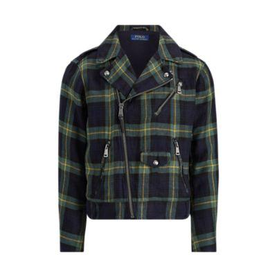 Ralph Lauren Tartan Linen Moto Jacket Dk Green And Yellow