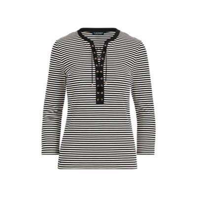 Ralph Lauren Lace-up Striped Cotton Top Polo Black/cream