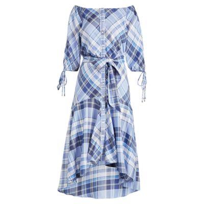 Ralph Lauren Plaid Off-the-shoulder Dress Blue Multi