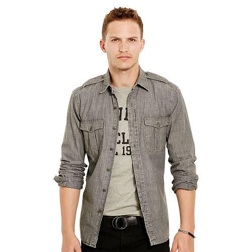 Polo Ralph Lauren Cotton Chambray Military Shirt Grey Steel/white