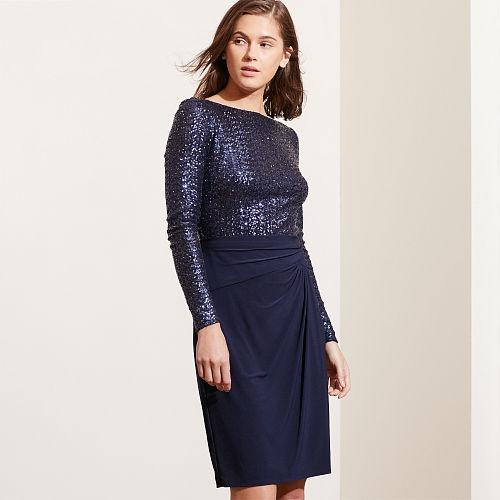 Ralph Lauren Lauren Sequined-bodice Jersey Dress Lighthouse Navy