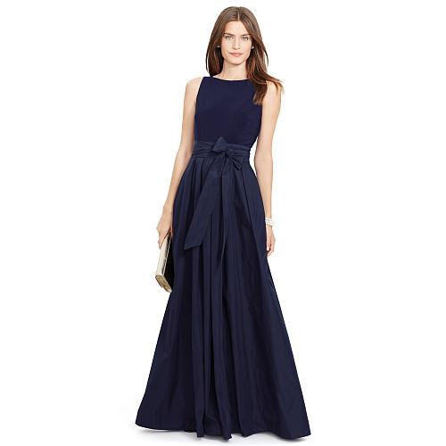 Ralph Lauren Lauren Petite Jersey-taffeta V-back Gown Lighthouse Navy