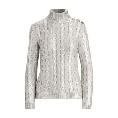 Ralph Lauren Silk Cable Turtleneck Sweater Silver