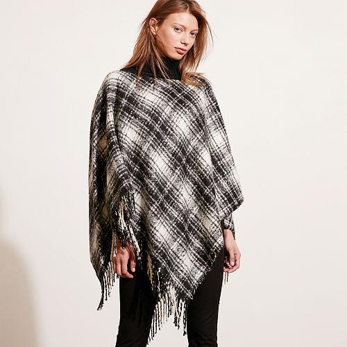 Ralph Lauren Lauren Fringed Tartan Poncho Black/ivory Tartan