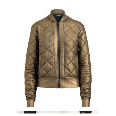 Ralph Lauren Quilted Metallic Bomber Jacket Gold Glitter Metallic