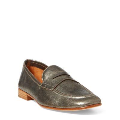 Ralph Lauren Ashtyn Metallic Leather Loafer Silver