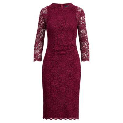 Ralph Lauren Sheer-sleeve Lace Dress New Pomegranate
