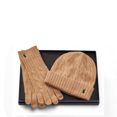 Ralph Lauren Cable Wool Hat & Glove Set Camel Melange