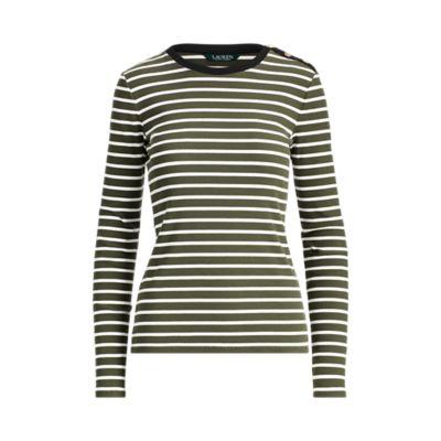 Ralph Lauren Button-shoulder Cotton Sweater Admiral Green/cream Sp