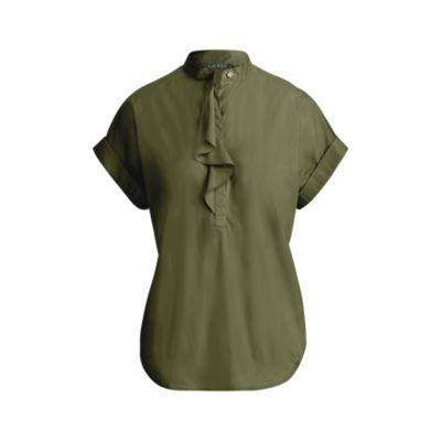 Ralph Lauren Ruffled Stretch Cotton Top Admiral Green