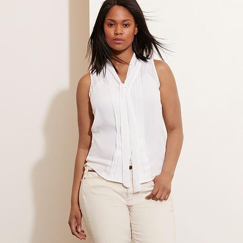 Ralph Lauren Lauren Woman Pleated-front Georgette Top Pearl
