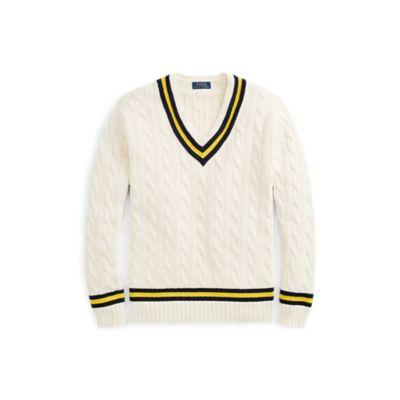 Ralph Lauren The Iconic Cricket Sweater Cream W/ Navy And Yellow