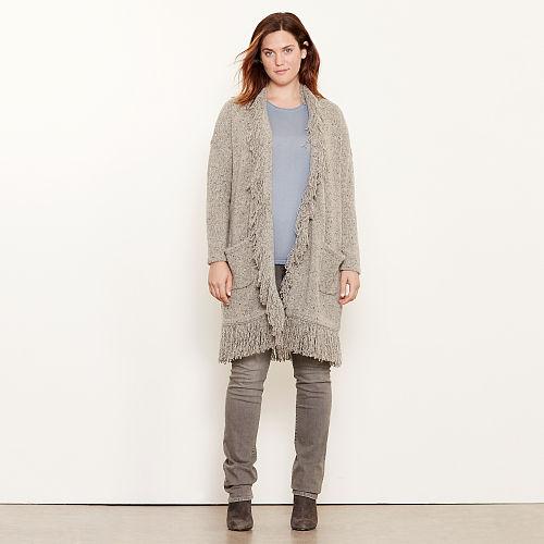 Ralph Lauren Lauren Woman Fringed Merino Wool Cardigan Concrete Heather