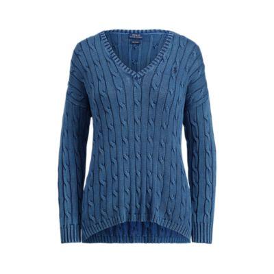 Ralph Lauren Cable Cotton V-neck Sweater Indigo