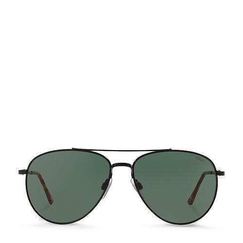 Polo Ralph Lauren Engraved Aviator Sunglasses Semi Shiny Black