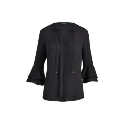 Ralph Lauren Flutter-sleeve Georgette Shirt Polo Black