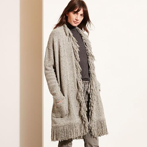 Ralph Lauren Lauren Fringed Merino Wool Cardigan Concrete Heather