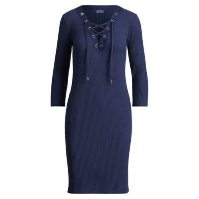 Ralph Lauren Ribbed Lace-up Dress Cruise Navy