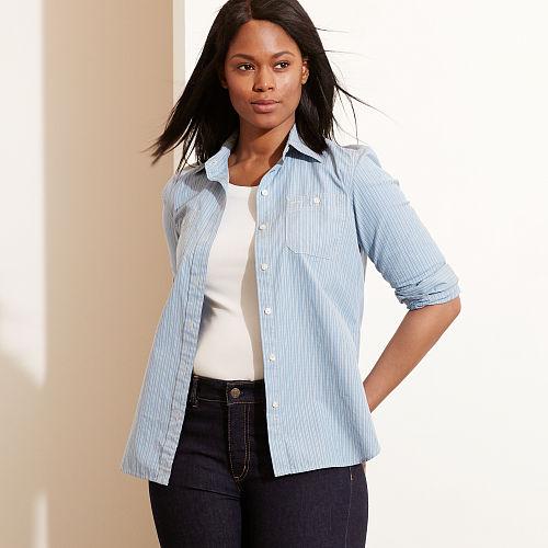 Ralph Lauren Lauren Woman Striped Cotton Dobby Shirt Blue/cream