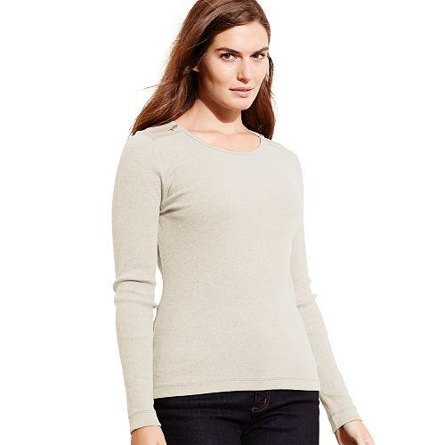 Ralph Lauren Lauren Woman Zip-shoulder Cotton Top Oatmeal Heather