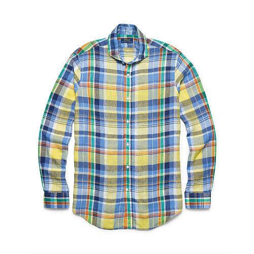 Polo Ralph Lauren Plaid Linen Sport Shirt Yellow/slate Blue
