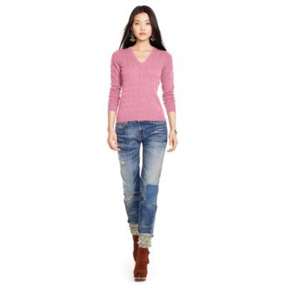 Ralph Lauren Cable Cashmere V-neck Sweater Candy Pink