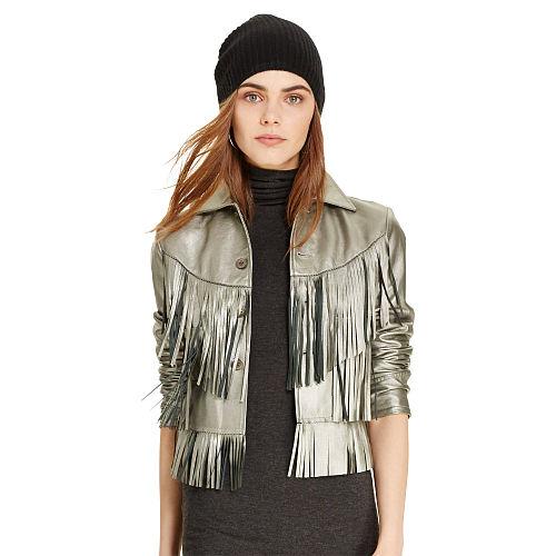 Polo Ralph Lauren Fringe Metallic Leather Jacket Patriot Grey Metallic