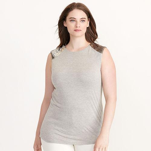 Ralph Lauren Lauren Woman Beaded Cap-sleeve Top Platinum Heather